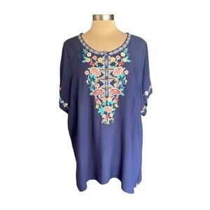 C&C California Navy Blue Tunic Top Heavily Embroidered Floral Size 1X Boho Gypsy